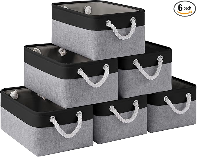 Storage Baskets for Shelves 13.8x9.8x6.7 Inch, Foldable Fabric Storage Bins with Handles, Small Storage Baskets for Organizing Closet, Office, Home Organization (6-Pack, Black&Gray)