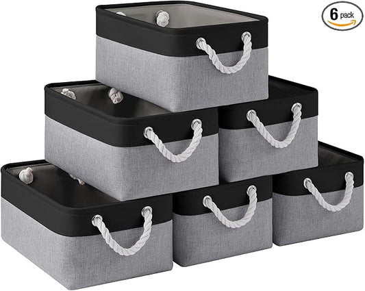 Storage Baskets for Shelves 13.8x9.8x6.7 Inch, Foldable Fabric Storage Bins with Handles, Small Storage Baskets for Organizing Closet, Office, Home Organization (6-Pack, Black&Gray)