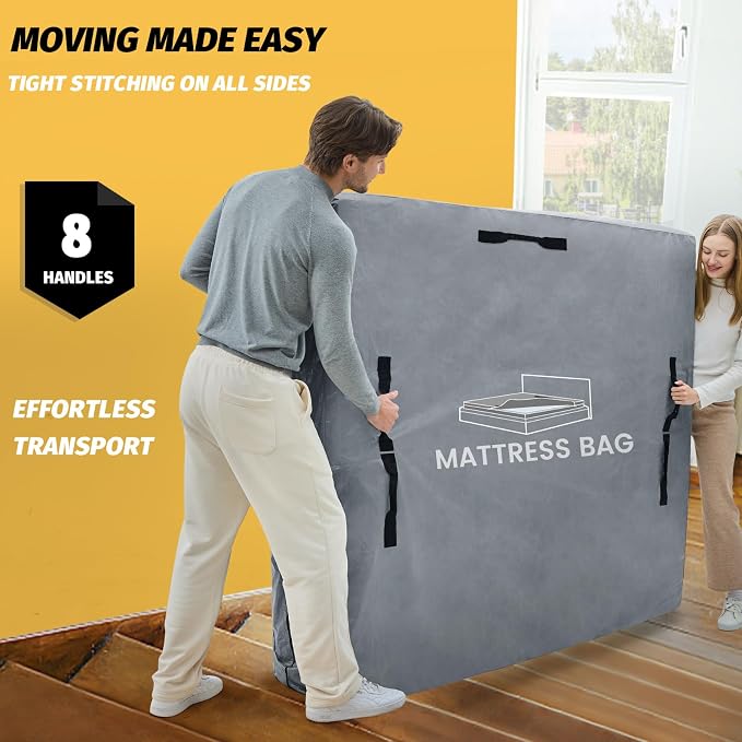 Mattress Bags for Moving and Storage, BETU Waterproof Mattress Protector Mattress Cover Cal King with 8 Heavy Duty Handles & Zipper Extra Thick Moving Supplies for Bed (86x75x13.5 Grey)