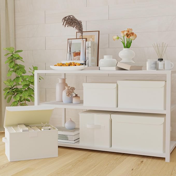Foldable Storage Bins, Closet Boxes, 4 Pack, Beige, 13x9x7.9 In | Cube Organizer Basket with Flip-Top Lid and 2 Handles, Decorative Boxes for Shelves with Cover for Clothes, Towels, Blanket