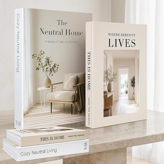 Decorative Books for Neutral Home, Fake Books Storage Boxes for Decoration | Set of 2 Coffee Table Books with Hidden Storage, Stackable Photo Keepsake Box for Living Room Bookshelf Decor, Beige