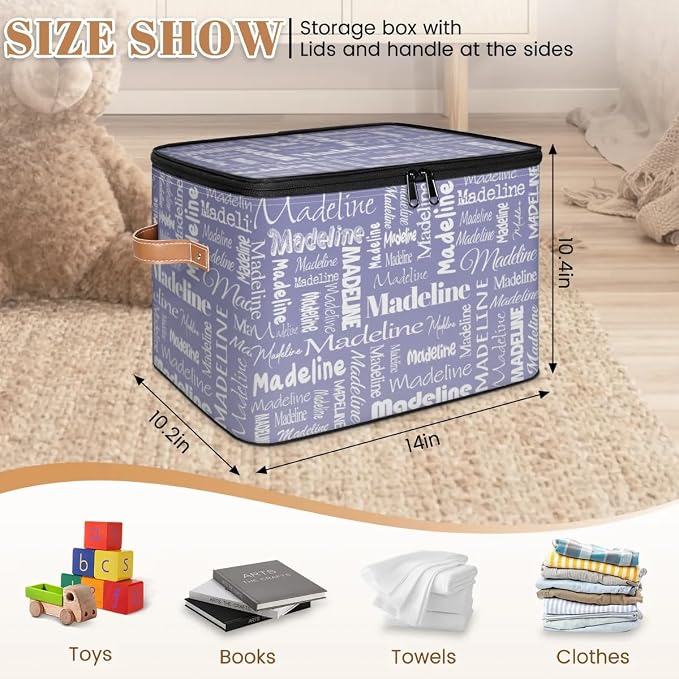 Custom Storage Basket with Name, Personalized Keepsake Box with Zipper Lid, Foldable Fabric Memory Bin Large capacity with Handle Haze Purple