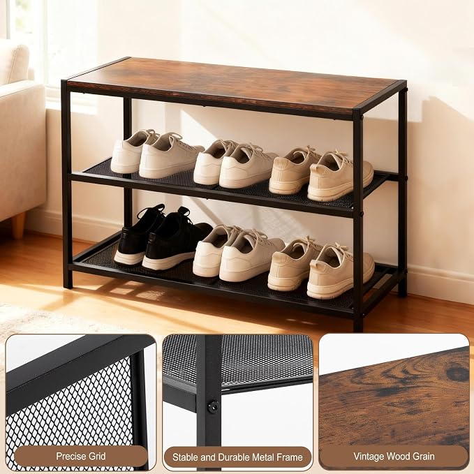 DUMOS 3-Tier Shoe Bench with Storage, Entryway, Mesh Shelves, Rustic Brown | Industrial style, 220 lb seating capacity, stores boots & sneakers, fits entryways & hallways