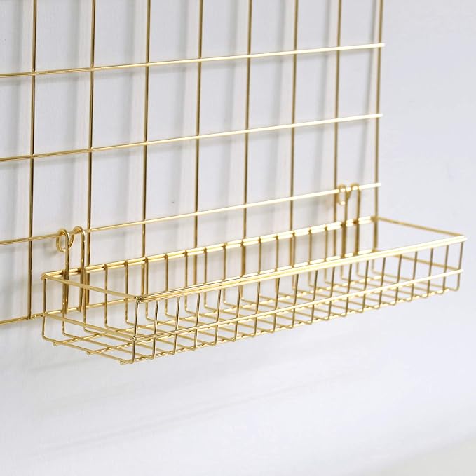 Gold Grid Basket with Hooks,Bookshelf,Display Shelf for Wall Grid Panel,Wall Mount Organizer and Storage Shelf Rack for Home Supplies,1 Set of 3 (Gold)