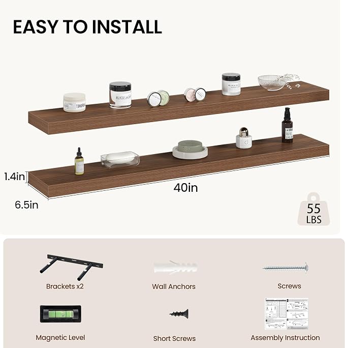 Vivelove 40 Inch Floating Shelves Wall Mounted for Display, 6.5 Deep Duty Shelves with Invisible Brackets for Living Room,Bedroom,Kitchen, Bathroom Storage & Decor,40" Wx6.5 Dx1.4 H - Walnut