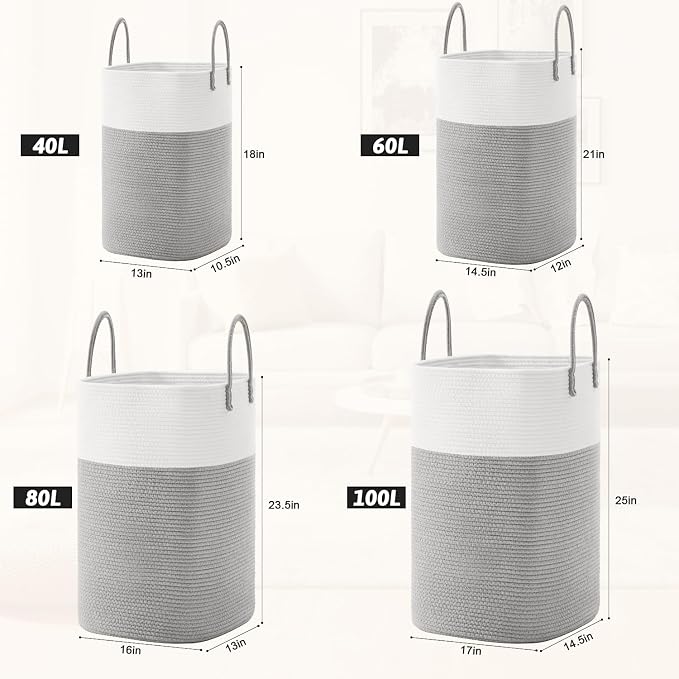 Laundry Basket,Woven Cotton Rope Laundry Hamper,Versatile Storage for Dirty Clothes,Baby Toys,and Blankets in Bathroom, Nursery,and Living Room (Grey, 60L)