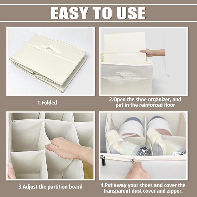2 Pack Shoe Organizer for Closet Fits 32 Pairs, Foldable Shoe Dividers for Storage Bins with Clear Cover and Adjustable Dividers for Shoes, Sneakers and High Heel Shoe Baskets Bins