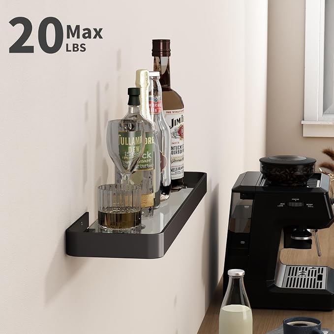 Danpoo 20 Inch Long Floating Shelf Black, Clear Tempered Glass Wall Shelf - Spacious and Stylish Storage for Your Home