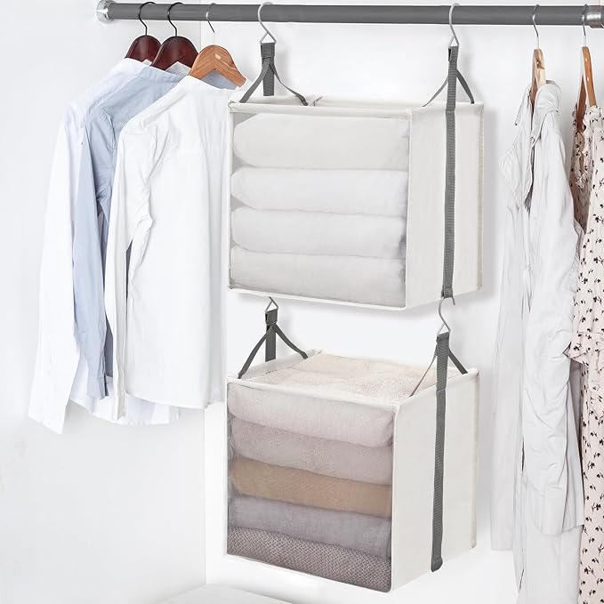 STORAGE MANIAC 2-Tier Hanging Closet Organizer, Fabric Storage Baskets with Hooks, Closet Shelves for Dorm Room, Apartment, Bedroom, Garment Rack & Wardrobe, Ivory