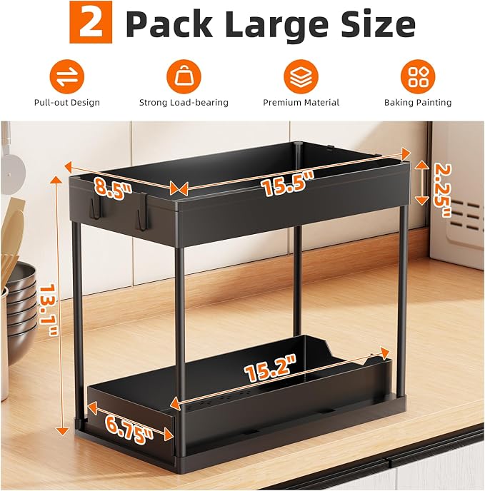 Simple Trending Under Sink Organizer 2 Pack, Sink Pull-Out Sliding Storage Cabinet, 2-Tier Under Shelf Organizer for Kitchen Bathroom, Black