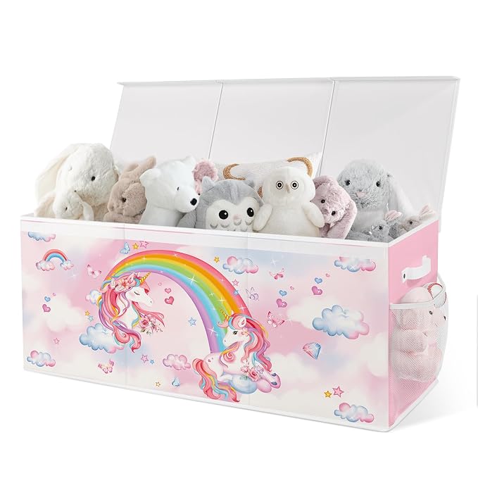 Extra Large Collapsible Toy Box with Lids, Sturdy Storage Organizer for Kids, 38"x16"x13" Toy Chest for Playroom, Nursery, Bedroom, Living Room (Unicorn and Rainbow)