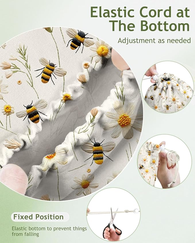 Plastic Bag Holder Organizer - 1 Pack Reusable Canvas Grocery Bags Holder Hanging Wall Cute Aesthetic Shopping Bag Storage Dispenser with Drawstring Closure for Kitchen Home, Flower Bee