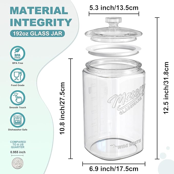 1.5 Gallon Cookie Jar with Lid Airtight, Large Glass Flour Sugar Container for Candy, Coffee, Dog Treat, Wide Mouth Mason Jar with Scale Marking, 1 Pack Apothecary Jar for Flour, Sugar, Rice, Cookie