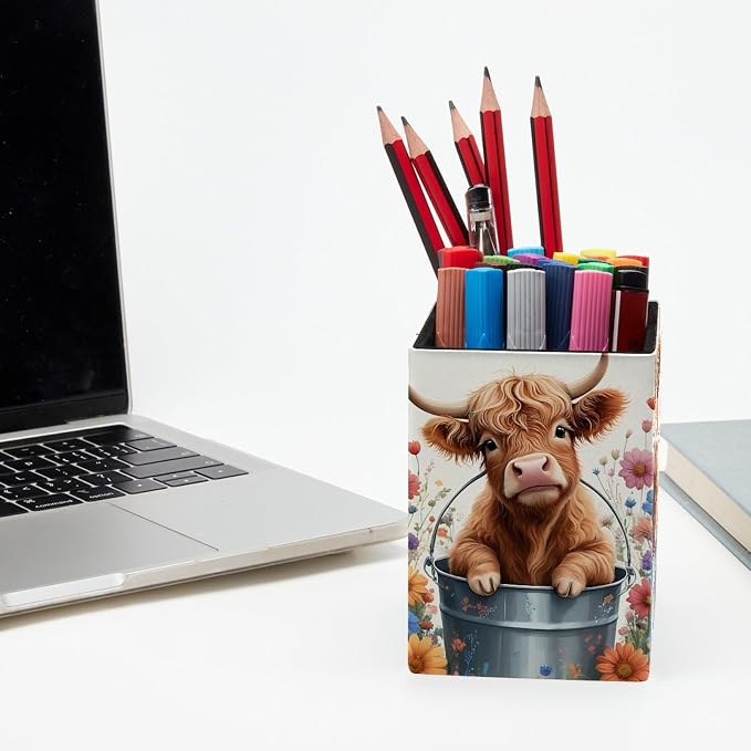 Pen Holder for Desk, Highland Cow Floral Pencil Holder, Pen Cup Functional Desk Organizer for Office Supplies