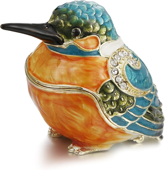 Hand Painted Enamel Kingfisher Trinket Box for Home Decor, Hinged Jewelry Organizer for Ring Earrings, Unique Figurine Keepsake Collectible Personalized Handmade Ornament Gifts (Blue Kingfisher)