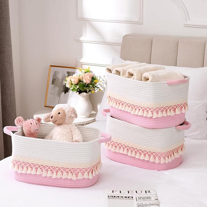 2 Pack Storage Basket for Shelves, Boho Cotton Rope Storage Bins with Heavy Tassel, Shelf Baskets Large Woven Baskets for Organizing, Cube Organizer Bins, Baby Laundry Basket for Clothes, Toys, Pets