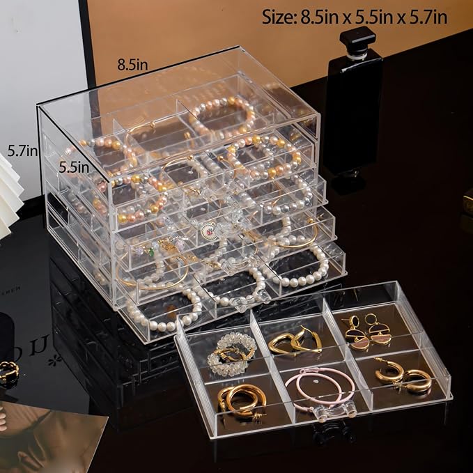 SPAKOWN Earring Organizer, Acrylic Earring Box Large 30 Compartments Jewelry Holder Organizer with 5 Drawers Stackable Earring Bracelet Storage Case Jewelry Boxes for Women (Clear)