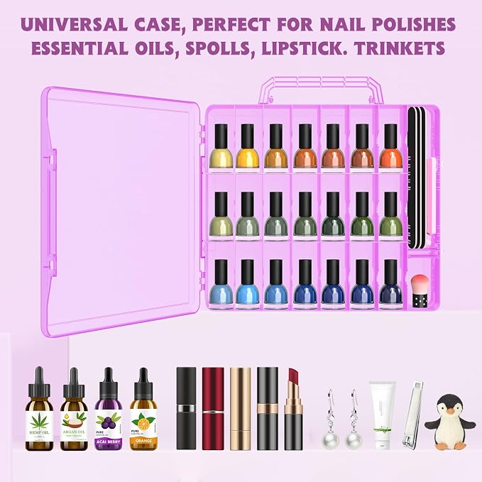 SUBAY 2 Pcs Portable Nail Polish Organizer, Clear Double Side Nail Polish Holder,Gel Nail Storage for 48 Bottles with 6 Adjustable Dividers in Each Side Space Saver Pink