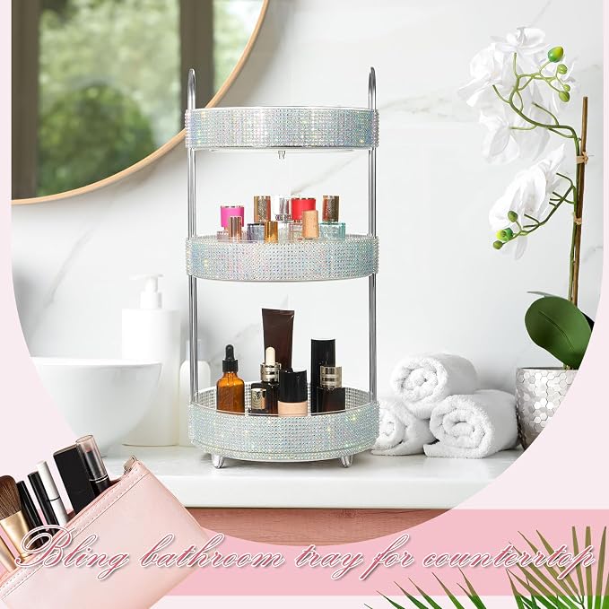 Honeydak 360 Rotating Perfume Organizer Gift for Women, Rhinestone Preppy Skincare Organizer Bathroom Counter Makeup Holder Skincare and Perfume Storage for Cosmetic(3 Tiers,Resin Diamond,AB Color)