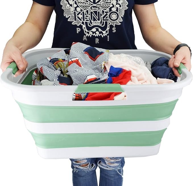 SAMMART 30L(8 gallon) Collapsible Plastic Laundry Basket - Foldable Pop Up Storage Container/Organizer - Space Saving Hamper/Basket - Water Capacity 24L(6.3 gallon) (1, Grey/Dark Sea Green)