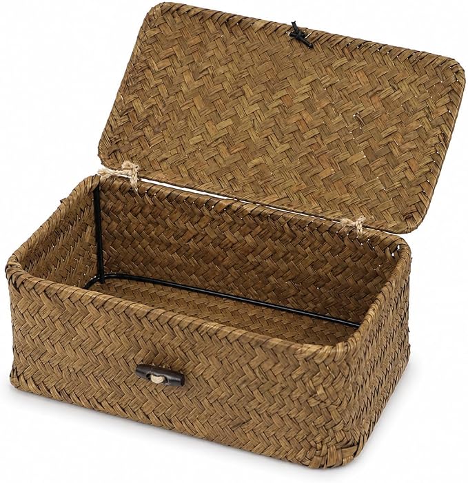 Wicker Basket with Lid, Natural Seagrass Storage Baskets for Organizing, Woven Basket for Storage, Decorative Boxes Bins with Lids Home Organizer Decor (Black, 9.05" x 5.11" x 3.34")