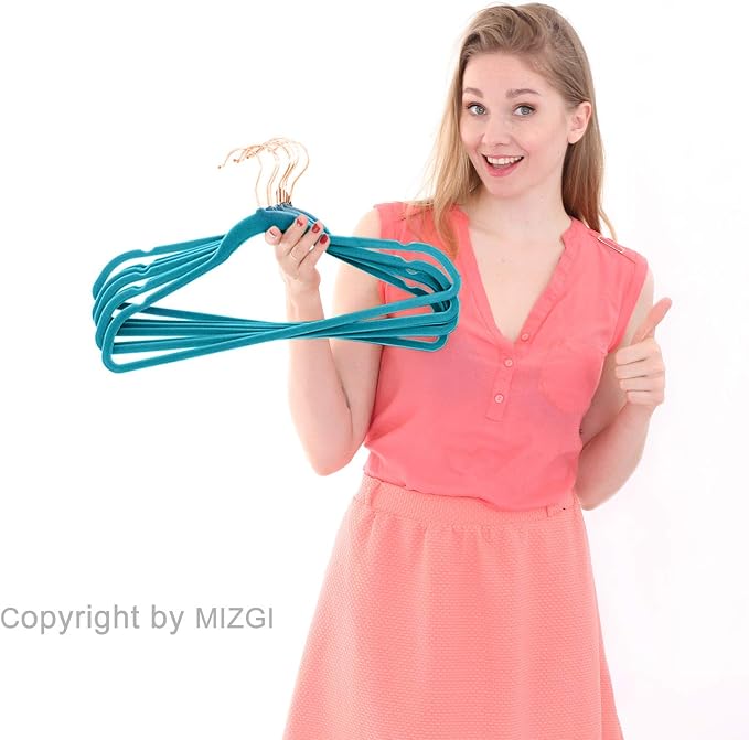 MIZGI Premium Velvet Hangers (50 Pack) Heavy Duty - Non Slip Felt Suit Hangers Teal/Turquoise - Rose Gold Hooks, Space Saving Clothes Hangers