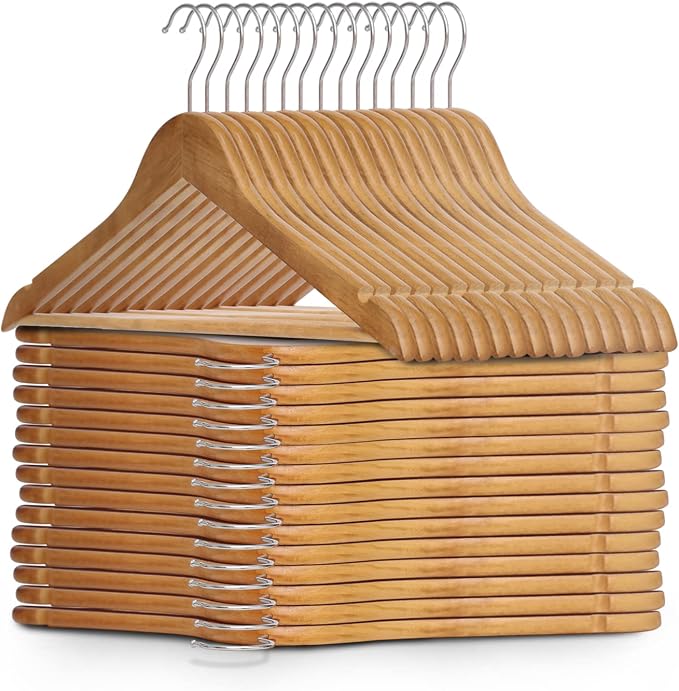 KEPLIN Strong Walnut Wood Wooden Coat Hangers with 360 Degree Rotatory Hook & Round Trouser Bar & Shoulder Notches - Durable Wardrobe Space Saver - Suitable for Coat, Jacket, Suit, Jumper (30 Pack)