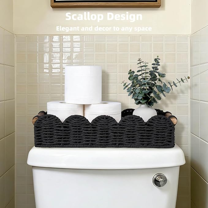 CubesLand Toilet Tank Paper Storage Basket Bathroom Counter Baskets for Organizing, Scalloped Decor Basket for Home, Living Room, Nursery, Wicker Bathroom Shelves Organization&Decorative Tray, Black