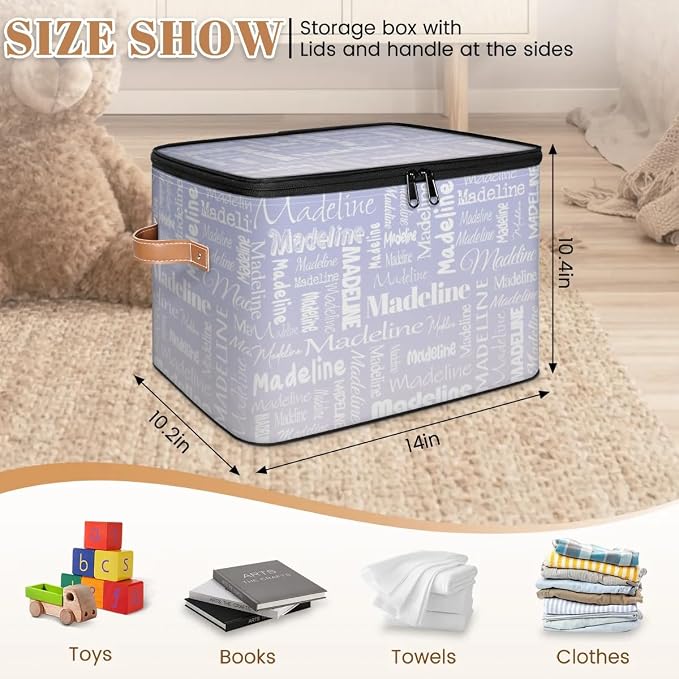 Custom Storage Basket with Name, Personalized Keepsake Box with Zipper Lid, Foldable Fabric Memory Bin Large capacity with Handle Purple White