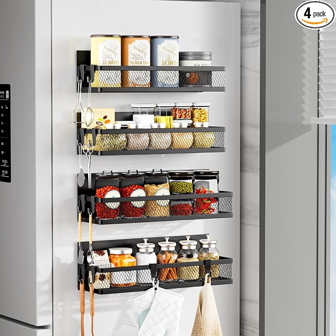 Magnetic Spice Rack for Refrigerator, 4 Pack Magnetic Shelf with 10-Hook Rack, Carbon Steel, Black, for Kitchen Organizers and Storage