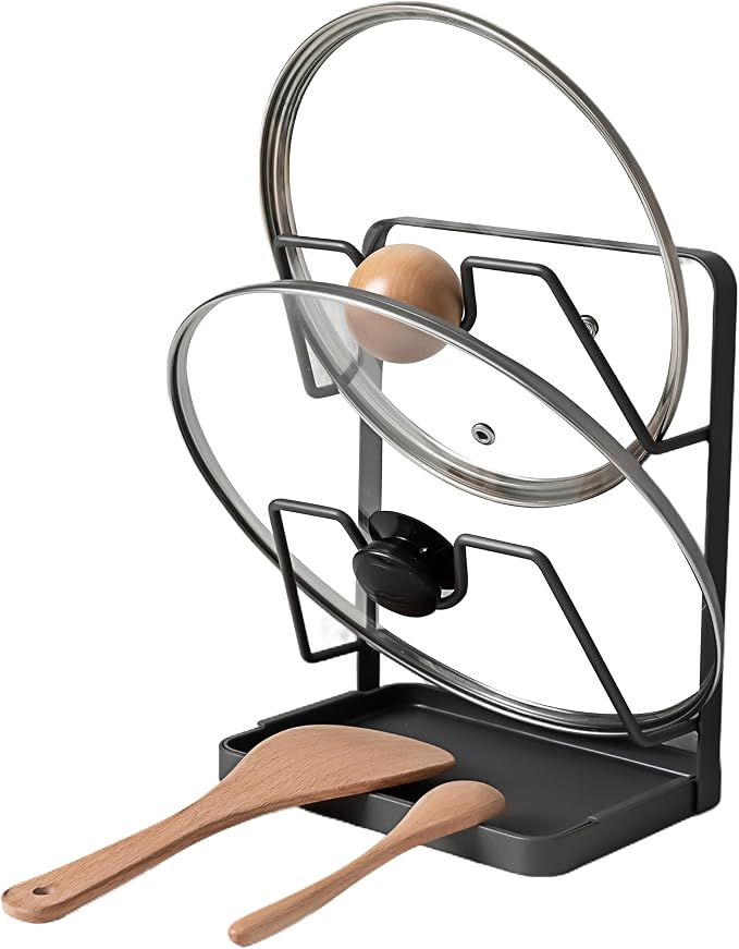 Pot Lid Holder While Cooking, Kitchen Pot Lid Storage Rack for stove top, Multifunctional Kitchen Pot Lid Organizer for Countertop (Iron,Dark Grey)