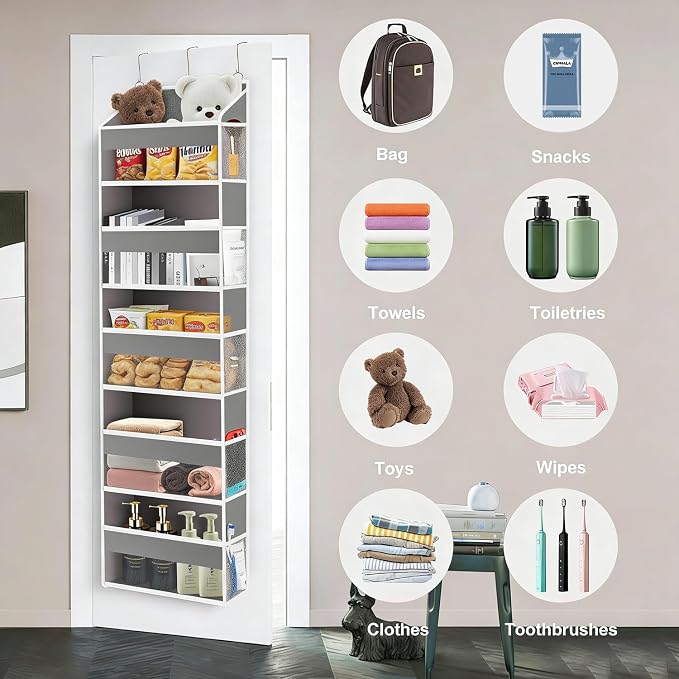 Over The Door Organizer Closet,5 Bins 10 Side Pockets,Hanging Organizer,Anti Tilt 44 lbs Load Organizers and Storage with Clear Window for Bedroom,Nursery,Rv,Bathroom,Camper(Light Grey)