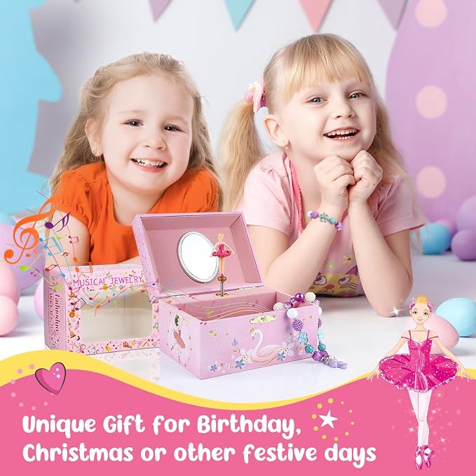 Girls' Musical Jewelry Box Organizer with Jewelry Set - glittering pink Spinning Ballerina Theme, Swan Lake Tune - Jewelry Storage and Music Box for Girls