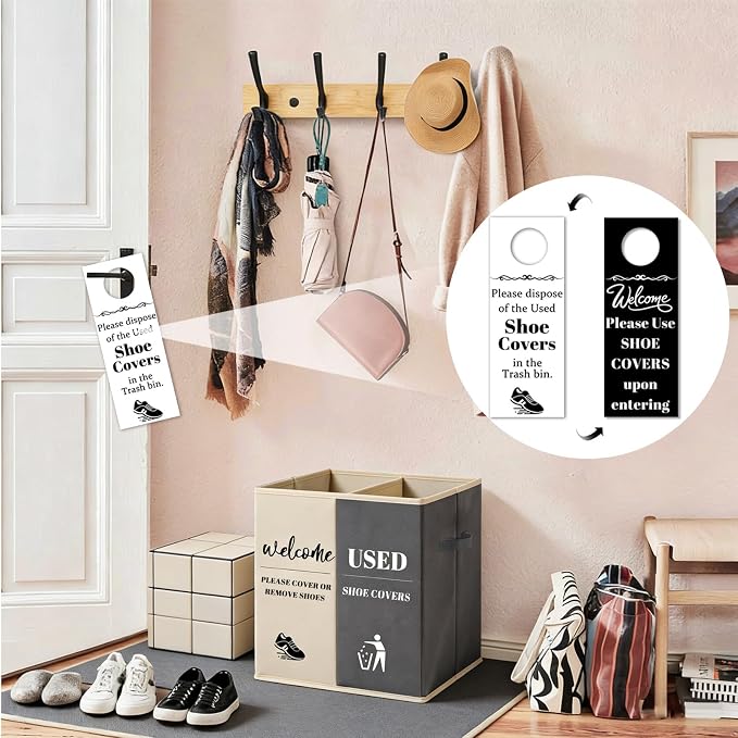 Shoe Cover Box with Door Hanging Sign – Foldable Double Compartment Storage Bin, Freestanding Dispenser Organizer for Home, Office, Entryway (Beige Gray)