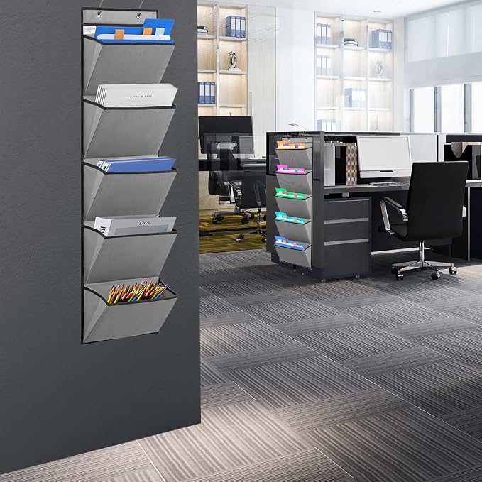 Wall Mounted Hanging Mail Organizer Back to School Paper Organizer File Holder for Classroom Office Organization (5 POCKETS-GREY)