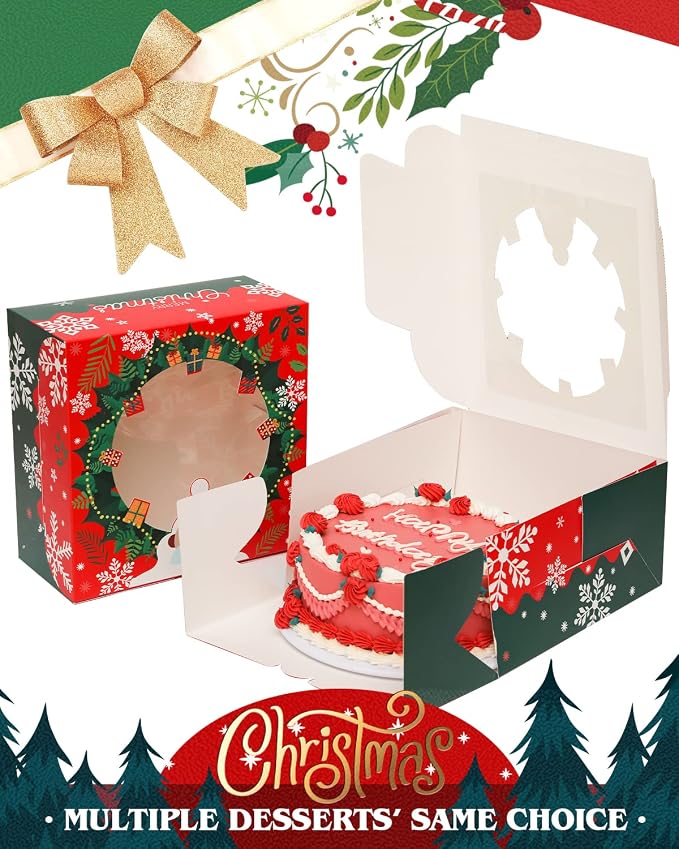 qiqee Christmas 10x10x5 inch Cake Box with Window Bakery Box 4pcs Pastry Box for Christmas's Day