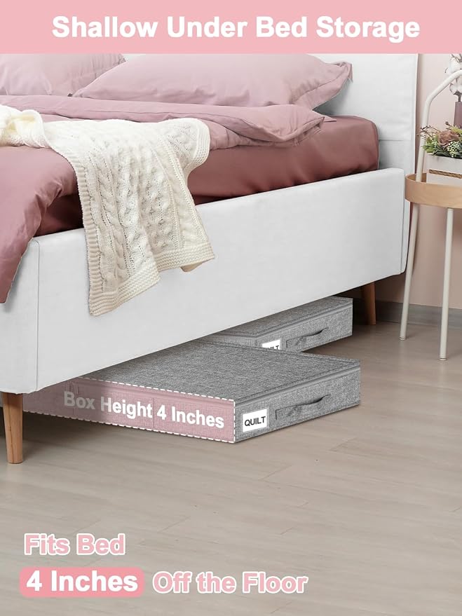4-Inch Tall Under Bed Storage Container, Low Profile Underbed Storage Bin w/Rigid Sidewalls & Bottom, Shallow Storage Organizer with Lid for Couch, Sofa & Crib, 2-Pack, 33.5 x 16 x 4 Inch, Gray