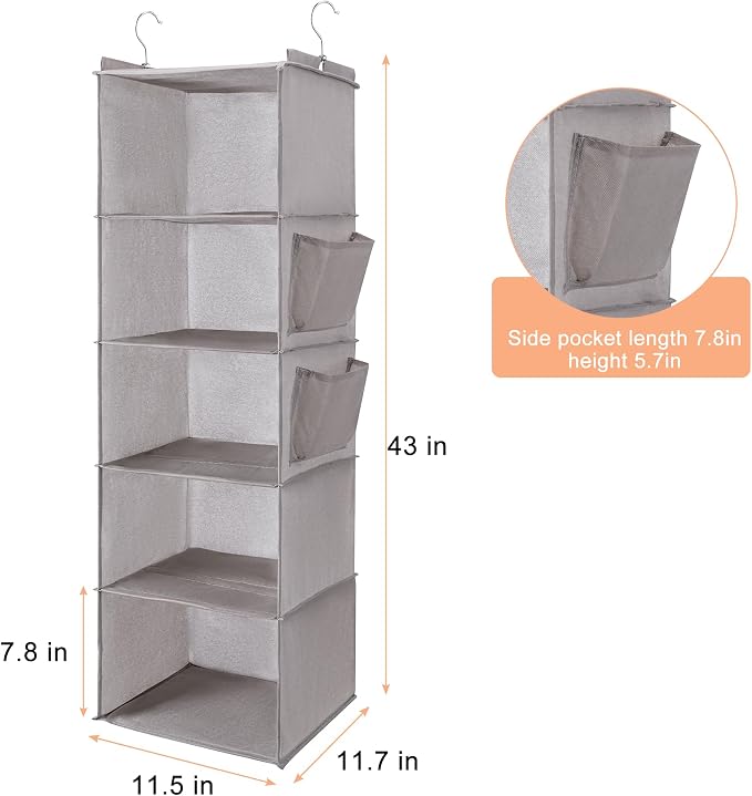 BOOMIBOO Hanging Closet Organize and Shelves，5-Hanging Shelf with 2 Side Pockets，Storage Foldable （Light Grey）