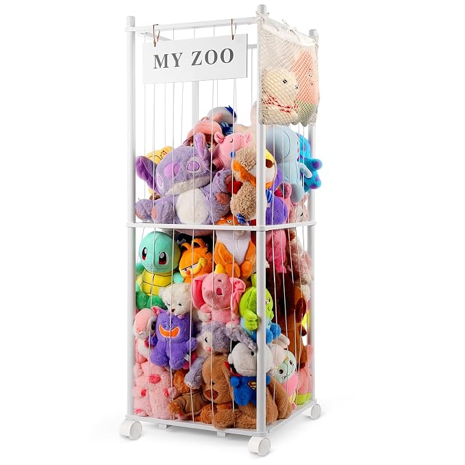 GLDZI Stuffed Animal Storage Zoo with Wheels, Wooden Stuffed Animal Organizer with Elastic Cords, Space Saving Toy Plushies Storage Holder for Playroom, Bedroom, Living Room(White, Large)