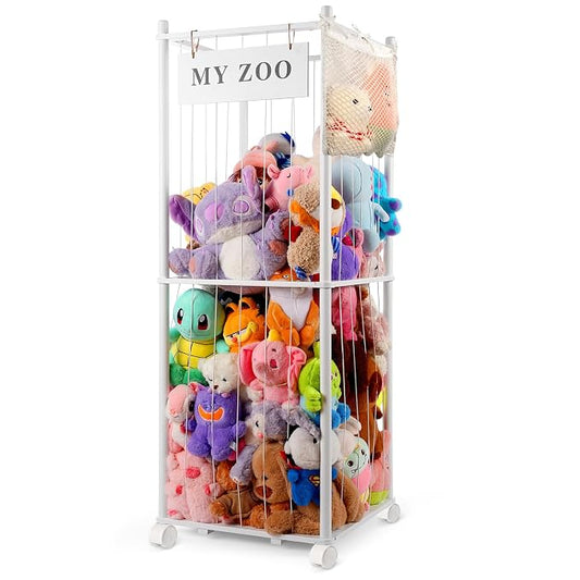 GLDZI Stuffed Animal Storage Zoo with Wheels, Wooden Stuffed Animal Organizer with Elastic Cords, Space Saving Toy Plushies Storage Holder for Playroom, Bedroom, Living Room(White, Large)