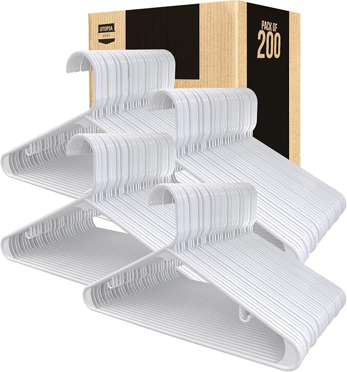 Utopia Home Plastic Hangers 200 Pack – Built-in Strap Hooks White | Space saving | Durable & strong | Closet organizer | Clothes hangers | Ideal for shirts, pants, skirts & coats
