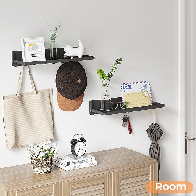 Folding Metal Shelf with Hooks, Wall Mounted Laundry Room Shelf, 8 Hooks & 90° Fold Up, Fold-Down for Rv, Bathroom, Kitchen, Garage, Space Saving, Small Space, Black（17.0", 1 Pack）