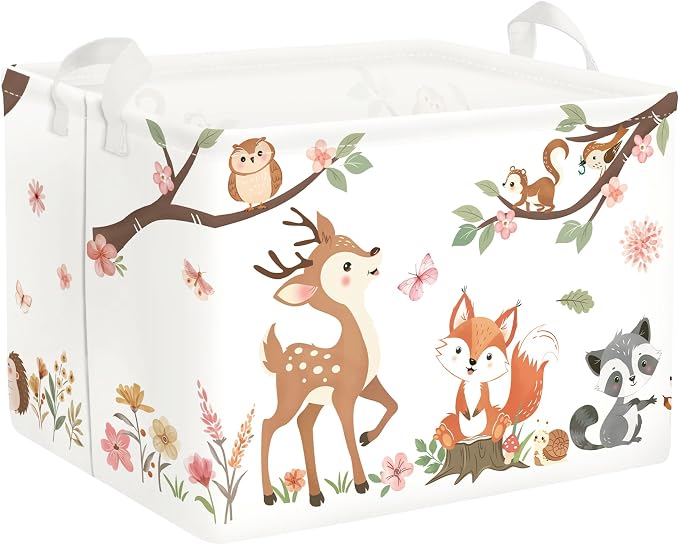 Clastyle Forest Animal Baby Storage Basket Leaf Kid Laundry Hamper Boy Girl Gift Toy Box Collapsible Clothes Organizer Nursery Bin for Bedroom, Pink Deer, 40x30x30 cm