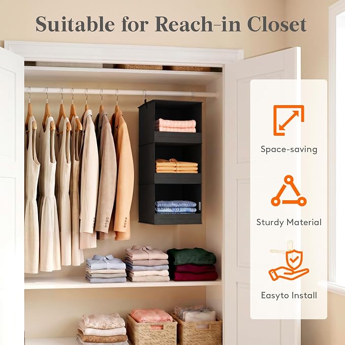 Lifewit 3 Tier Hanging Closet Organizer and Storage, Foldable Hanging Closet Shelves with 2 Sturdy Hooks, Clothes Organization for Sweater/Shoes/Coat, for Wardrobe, Bedroom, RV, Black, 1 Pack