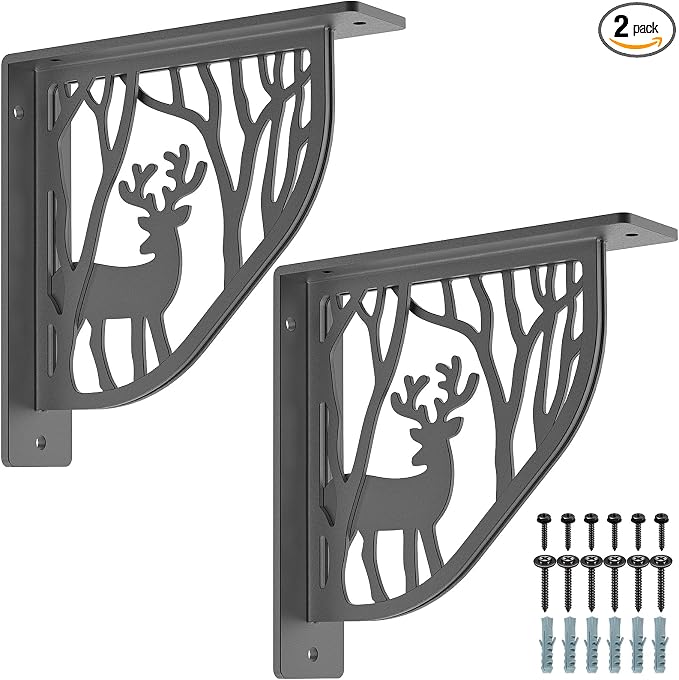 SELEWARE Black Heavy Duty Shelf Brackets, L 8" x H 8" x W 2" Wall Mount Decorative Shelving Brackets, 1/5" Thick Metal L Brackets with Mounting Hardware for DIY Floating Shelf (Sika Deer, 2 Pack)