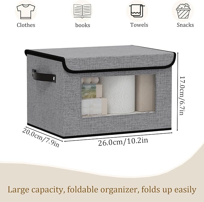 Fabric Storage Bins with Lids,10.2x7.8x6.7In,Gray Box,5Pack | Shelf Baskets with Handles,Storage Boxes with Transparent Window,Closet Container for Bedroom,Clothes Organizer