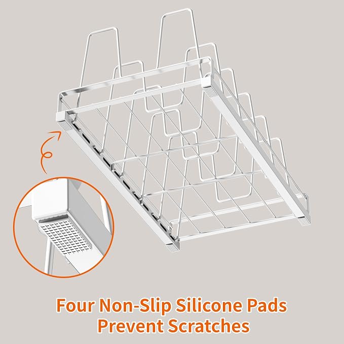 Food Container Lid Organizer for Cabinet with 6 Adjustable Divider | Detachable,Metal Pot Lid Organizer Rack Storage Plastic Lids Pots Bakeware for Cabinets, Cupboards,Pantry, Drawers (White)