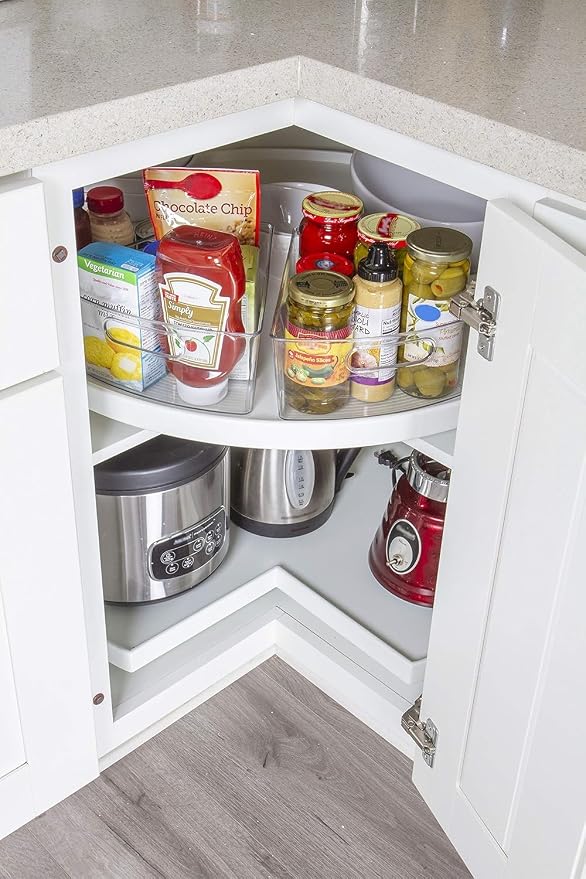 Kitchen Spaces Lazy Susan Deep Organizer Bins, Corner Cabinet Turntable Shelf Storage for Kitchen and Pantry Items, Clear and Sturdy with Built-In Handles, 2 Pack