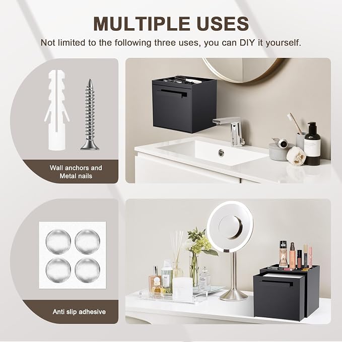 Acrylic Disposable Facial Towels Holder, Wall-Mounted, Glossy Black | Premium Thicken Acrylic | Compatible with Clean Skin Club Towel XL | Skin Care Organizer with Drawer | Bathroom Vanity