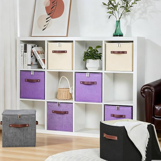 2PCS Storage Cubes with Lid Fabric Storage Bins Boxes PU Leather Handles Cotton Linen Closet Organizer Container Decorative Foldable Washable Shelf Cloth Basket (Zipper Lid, Purple, 11in)